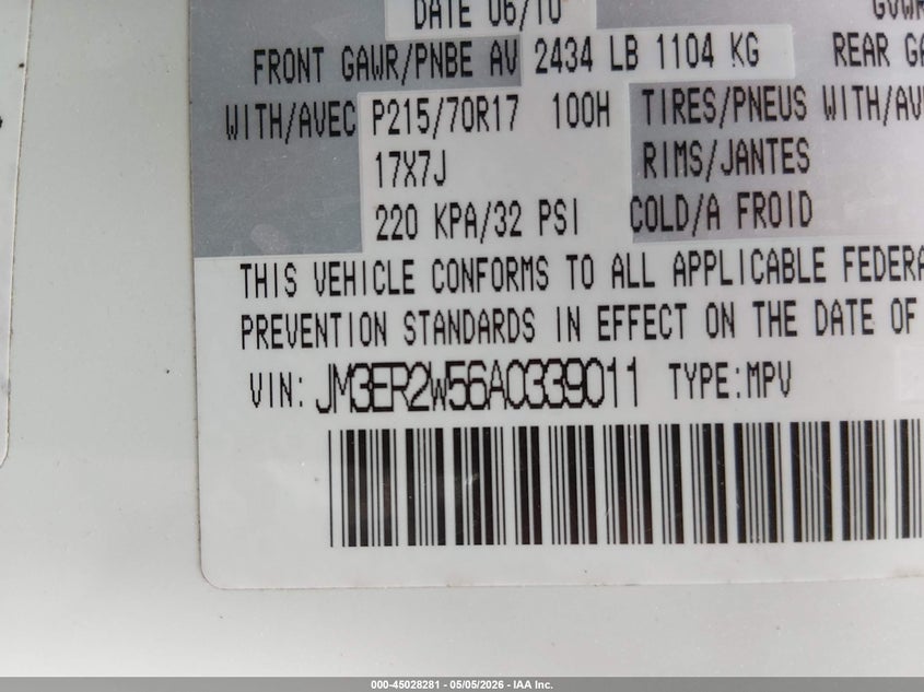 2010 Mazda Cx-7 I Sv VIN: JM3ER2W56A0339011 Lot: 45028281