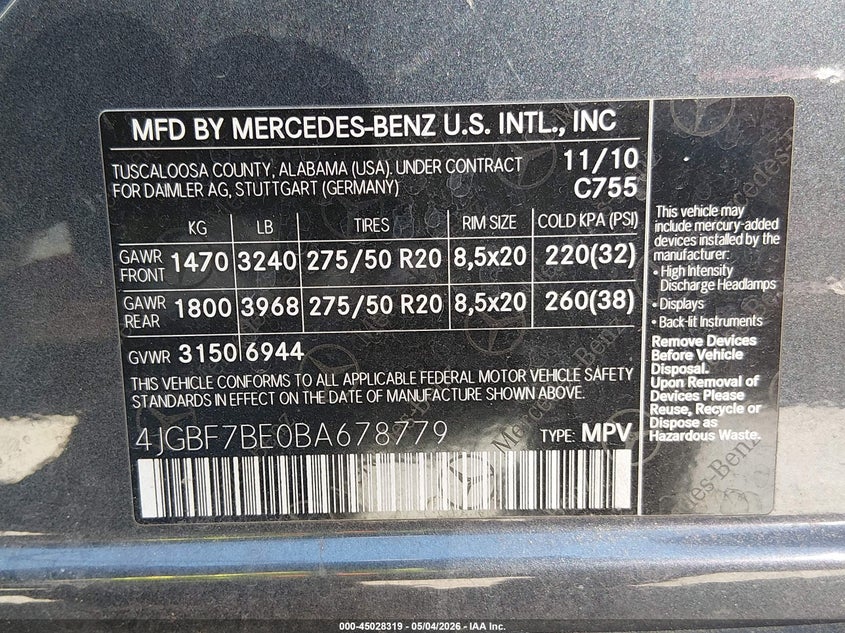 2011 Mercedes-Benz Gl 450 4Matic VIN: 4JGBF7BE0BA678779 Lot: 45028319