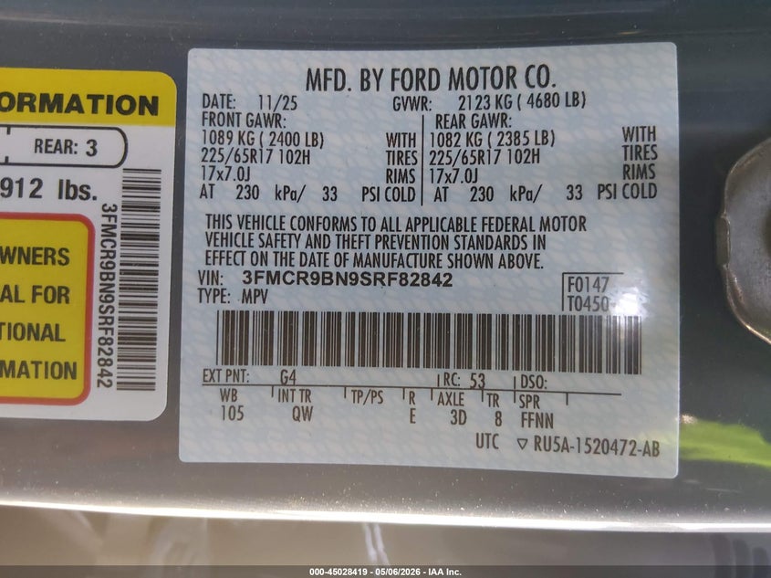 2025 Ford Bronco Sport Big Bend VIN: 3FMCR9BN9SRF82842 Lot: 45028419