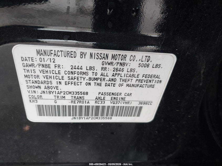 2012 Infiniti M37 VIN: JN1BY1AP2CM335568 Lot: 45028423