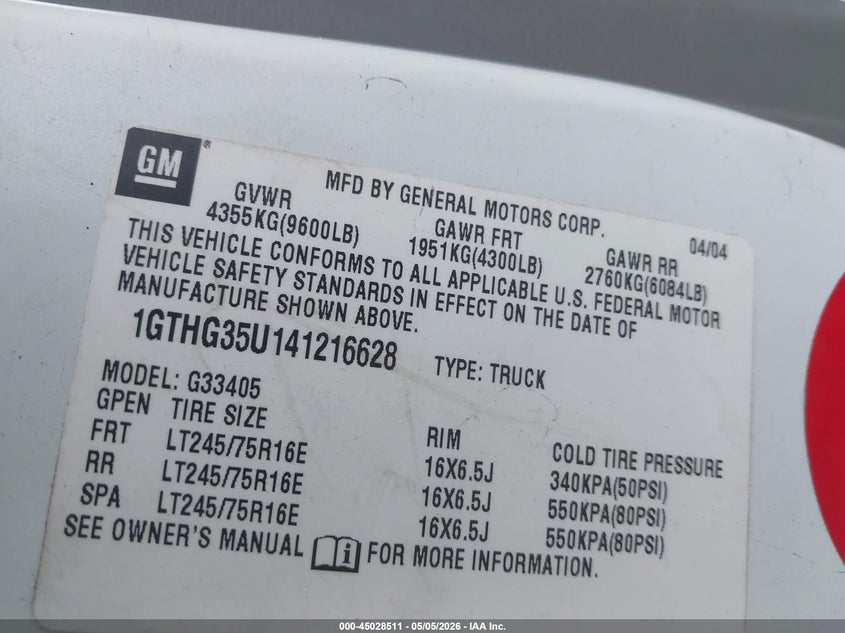 2004 GMC Savana Standard VIN: 1GTHG35U141216628 Lot: 45028511