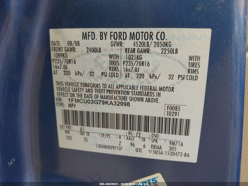 2009 Ford Escape 3.0 Xlt blue Lot 111045028523 Vin 1FMCU03G79KA32998