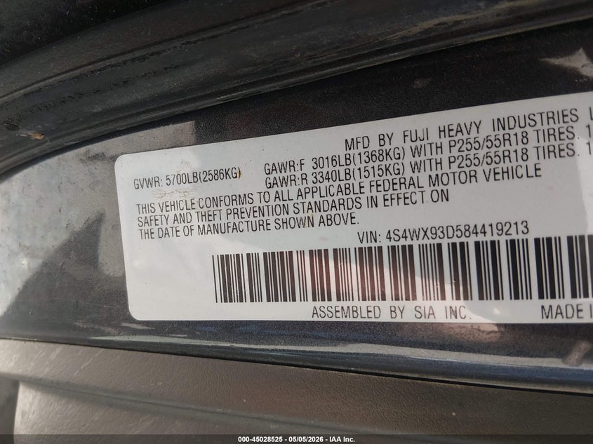 2008 Subaru Tribeca Limited 5-Passenger VIN: 4S4WX93D584419213 Lot: 45028525