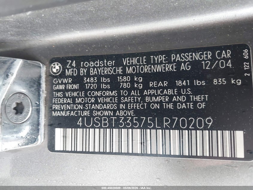 2005 BMW Z4 2.5I VIN: 4USBT33575LR70209 Lot: 45028589