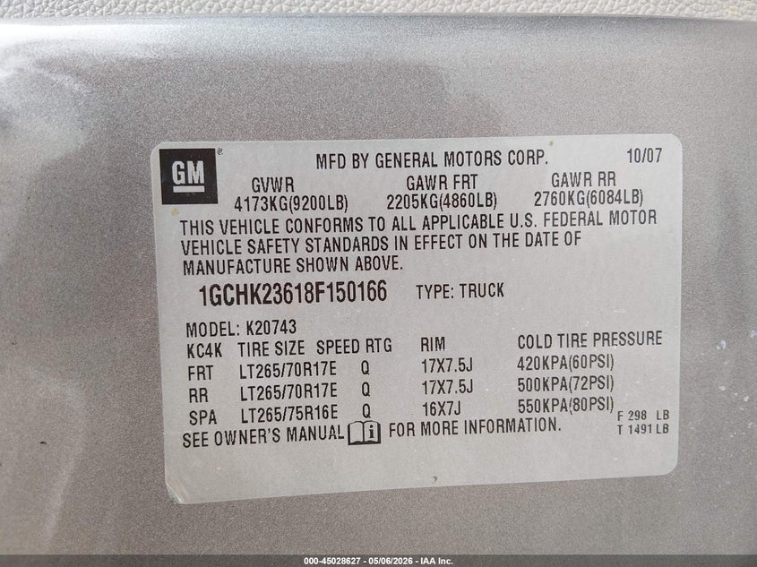 CHEVROLET SILVERADO 2500HD 2008 VIN 1GCHK23618F150166