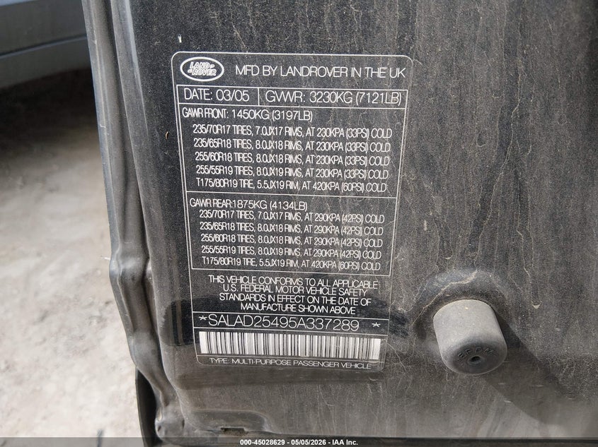 2005 Land Rover Lr3 Se VIN: SALAD25495A337289 Lot: 45028629
