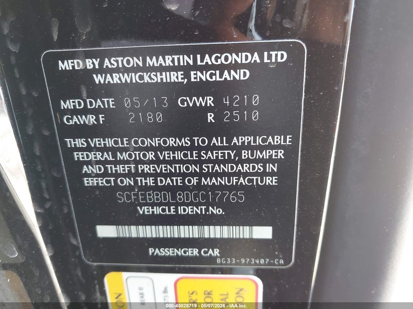 2013 Aston Martin V8 Vantage S VIN: SCFEBBDL8DGC17765 Lot: 45028719