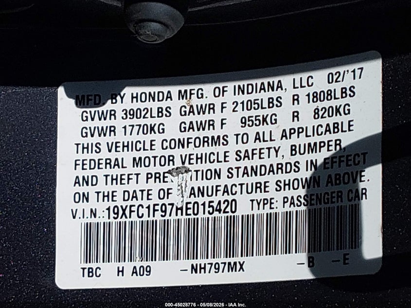 VIN 19XFC1F97HE015420 2017 HONDA CIVIC TOURING