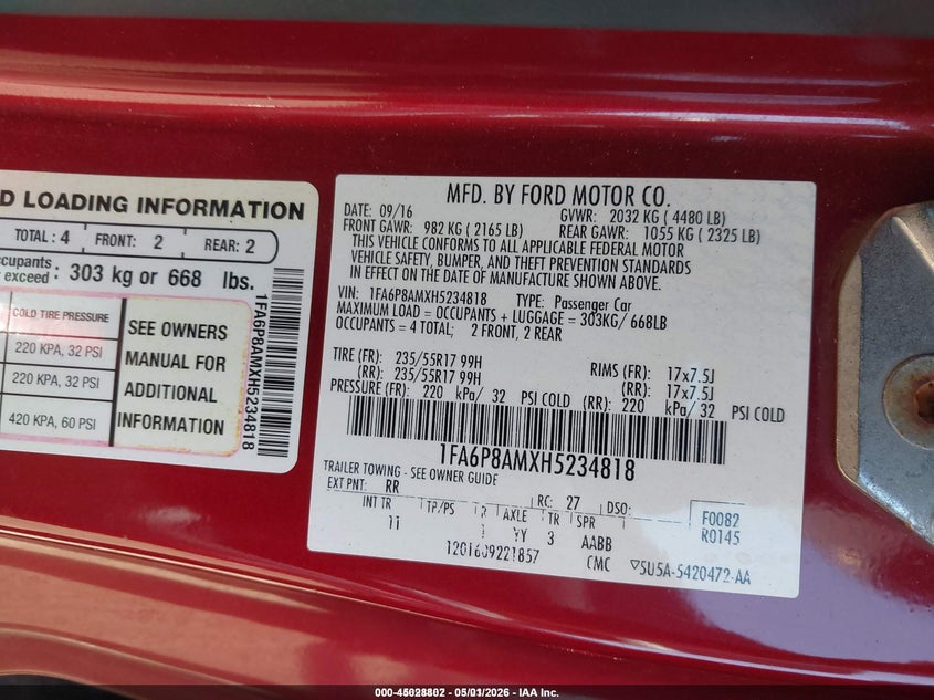 2017 FORD MUSTANG COUPE 3.7L V-6 DOHC, VVT, 300HP