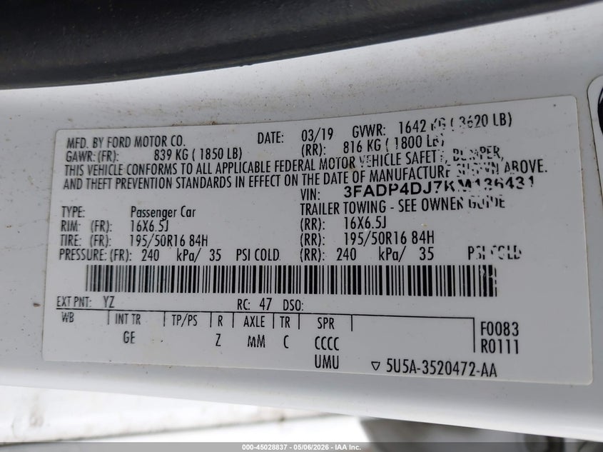 VIN 3FADP4DJ7KM136431 2019 FORD FIESTA ST LINE
