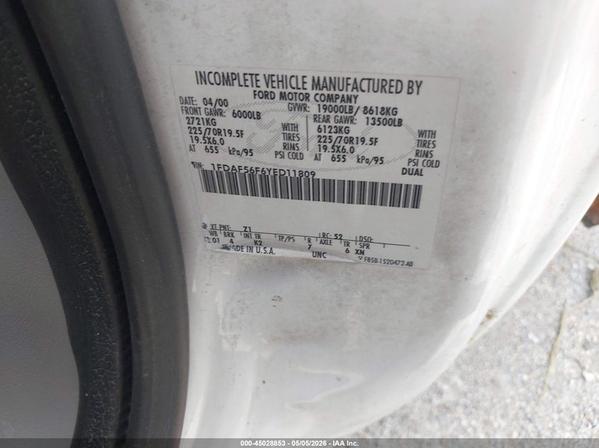 2000 Ford F-550 Lariat/Xl/Xlt VIN: 1FDAF56F6YED11809 Lot: 45028853