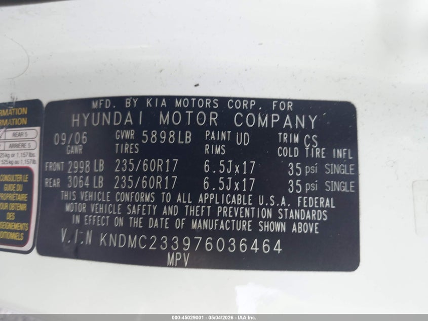2007 Hyundai Entourage Gls/Limited/Se VIN: KNDMC233976036464 Lot: 45029001