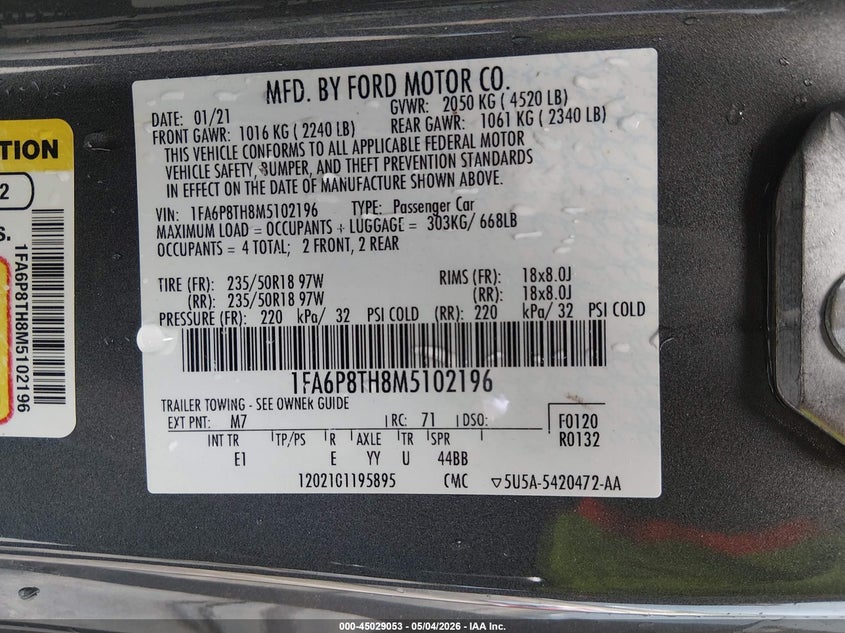 VIN 1FA6P8TH8M5102196 2021 FORD MUSTANG ECOBOOST PREMIUM FASTBACK