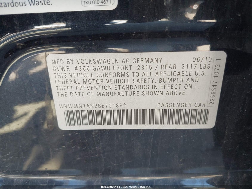 2011 Volkswagen Cc Sport VIN: WVWMN7AN2BE701862 Lot: 45029141