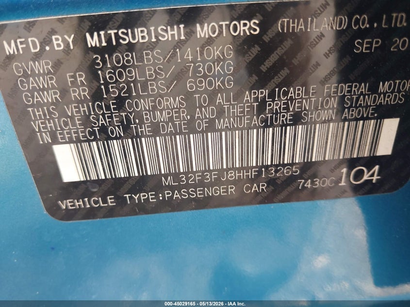 2017 MITSUBISHI MIRAGE SEDAN 1.2L I-3 DOHC, VVT, 78HP