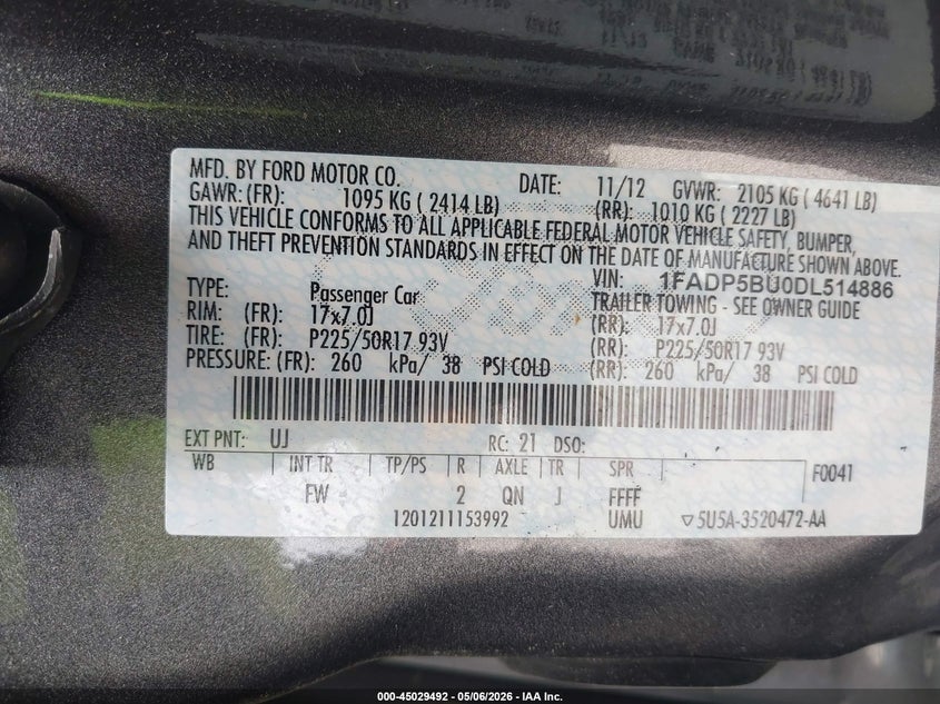 2013 Ford C-Max Hybrid Sel VIN: 1FADP5BU0DL514886 Lot: 45029492