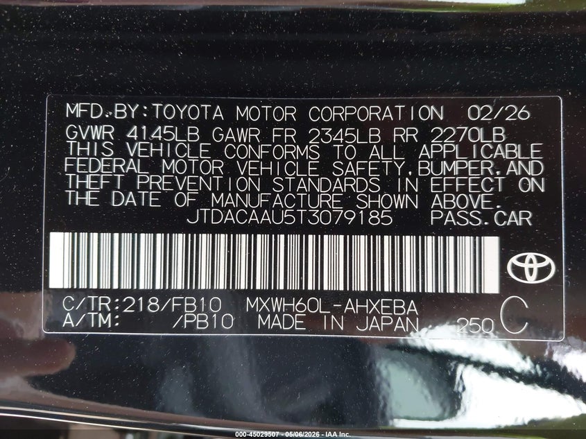 TOYOTA PRIUS 2026 VIN JTDACAAU5T3079185