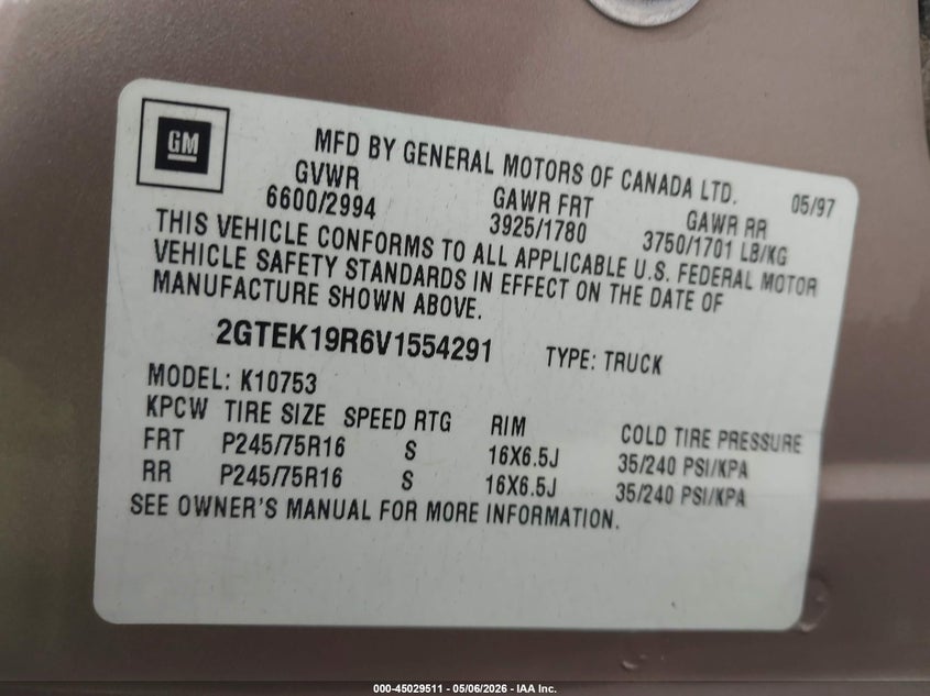1997 GMC Sierra 1500 Sl Wideside VIN: 2GTEK19R6V1554291 Lot: 45029511