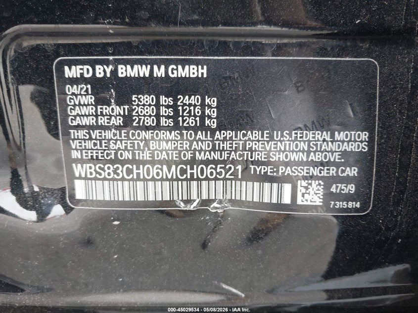 2021 BMW M5 VIN: WBS83CH06MCH06521 Lot: 45029534