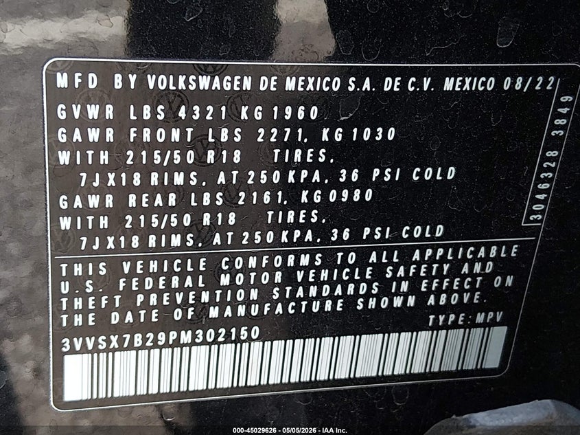 VOLKSWAGEN TAOS 2023 VIN 3VVSX7B29PM302150