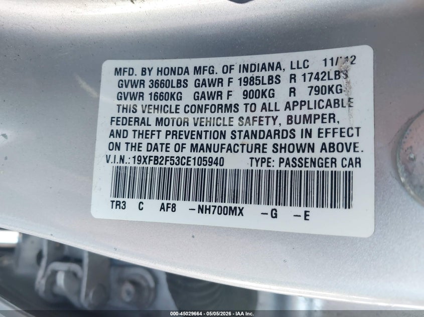 2012 Honda Civic 1.8 Lx silver Lot 111045029664 Vin 19XFB2F53CE105940