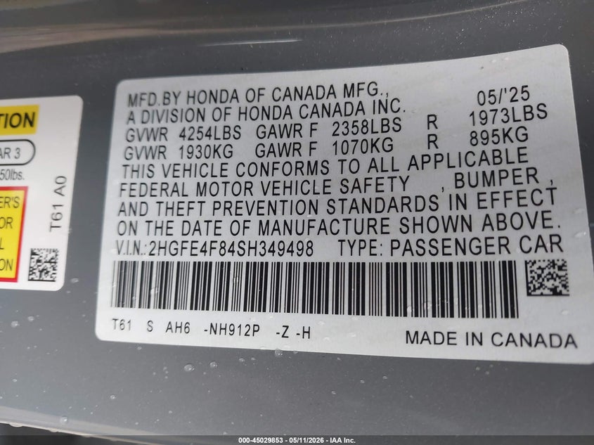 VIN 2HGFE4F84SH349498 2025 HONDA CIVIC HYBRID SPORT/SPORT TOURING