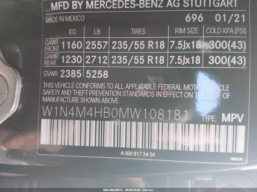 2021 Mercedes-Benz Glb 250 4Matic VIN: W1N4M4HB0MW108181 Lot: 45029970