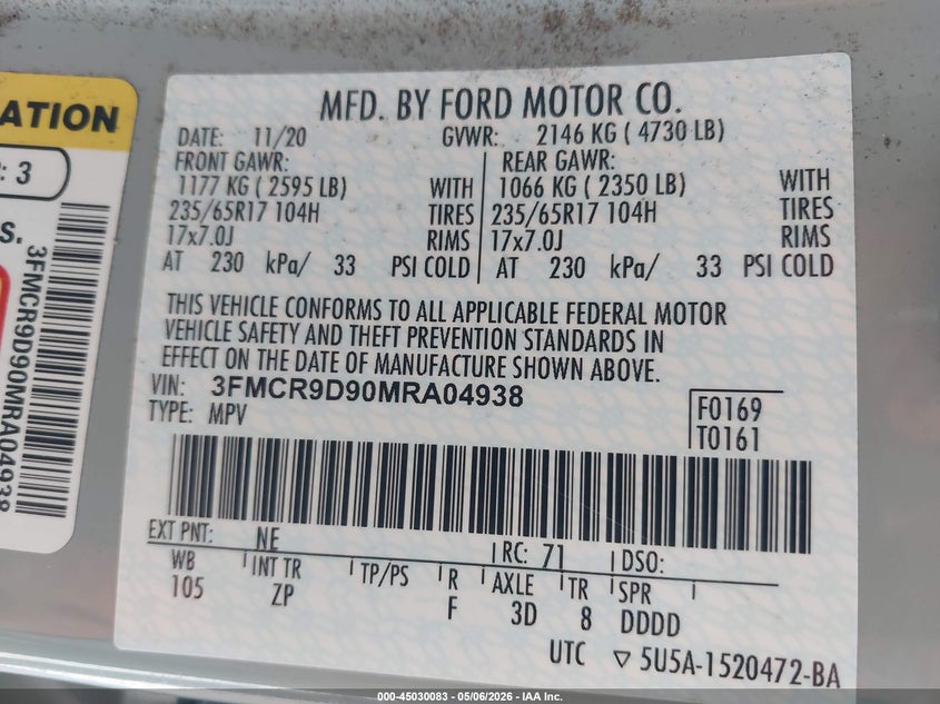2021 Ford Bronco Sport Badlands VIN: 3FMCR9D90MRA04938 Lot: 45030083