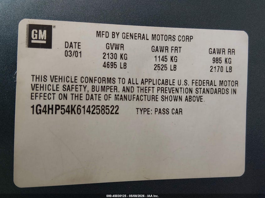2001 Buick Lesabre Custom VIN: 1G4HP54K614258522 Lot: 45030125
