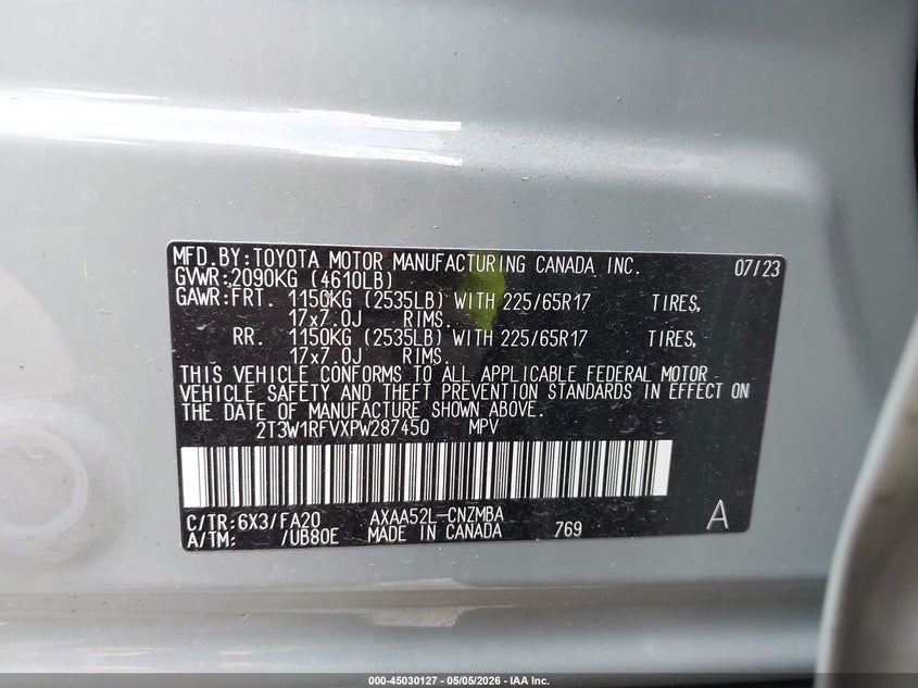 VIN 2T3W1RFVXPW287450 2023 TOYOTA RAV4 XLE