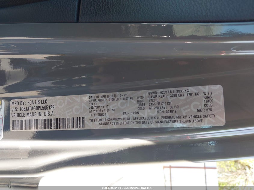 2023 Jeep Gladiator Sport S 4X4 VIN: 1C6JJTAG0PL505129 Lot: 45030151