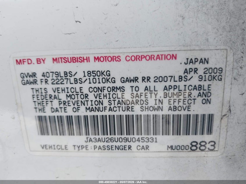2009 Mitsubishi Lancer Es/Es-Sport VIN: JA3AU26U09U045331 Lot: 45030221