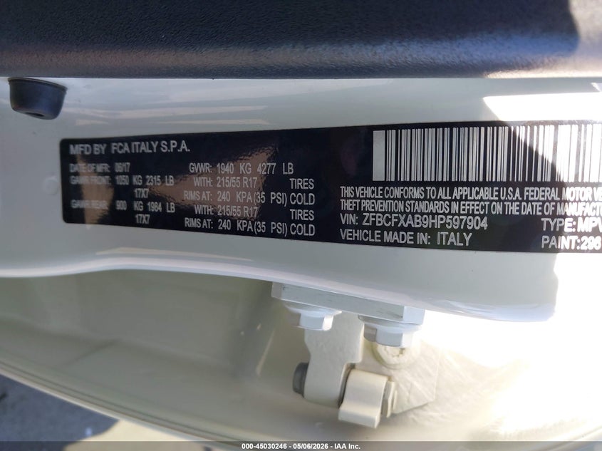 2017 Fiat 500X Pop Fwd VIN: ZFBCFXAB9HP597904 Lot: 45030246