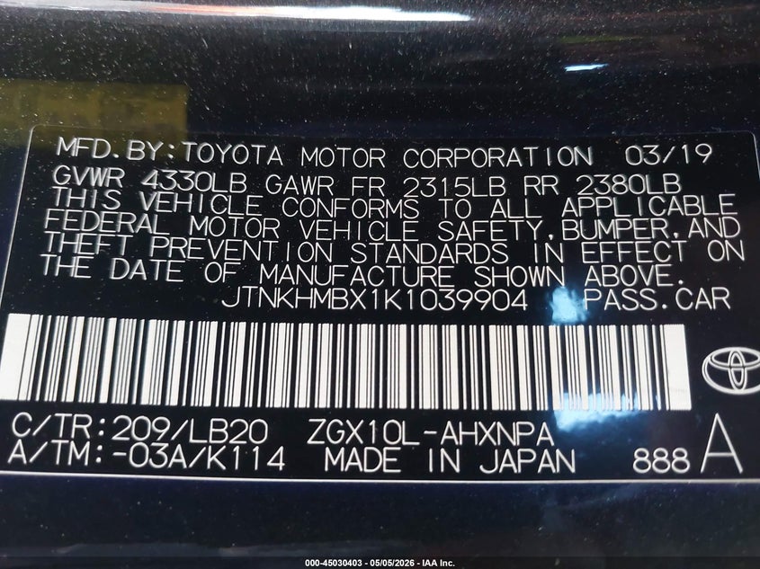 2019 Toyota C-Hr Limited VIN: JTNKHMBX1K1039904 Lot: 45030403