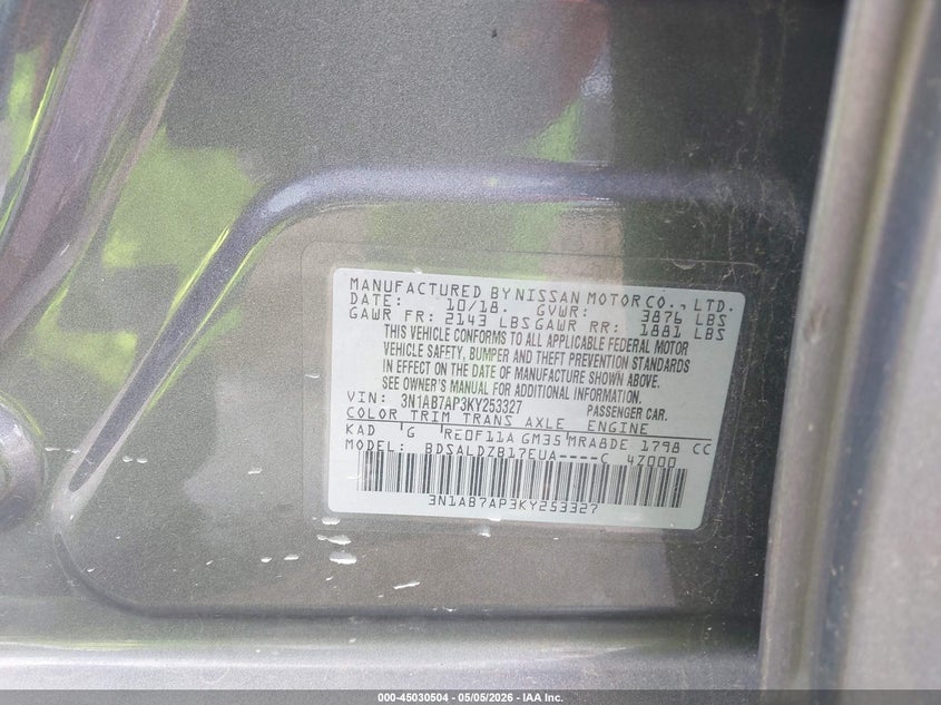 VIN 3N1AB7AP3KY253327 2019 NISSAN SENTRA SV
