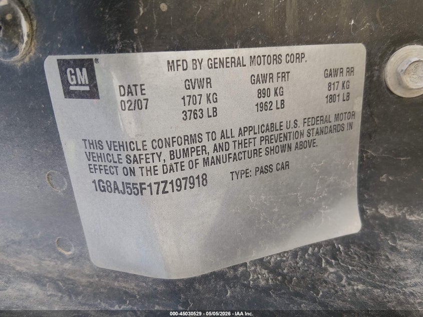2007 Saturn Ion 2 VIN: 1G8AJ55F17Z197918 Lot: 45030529