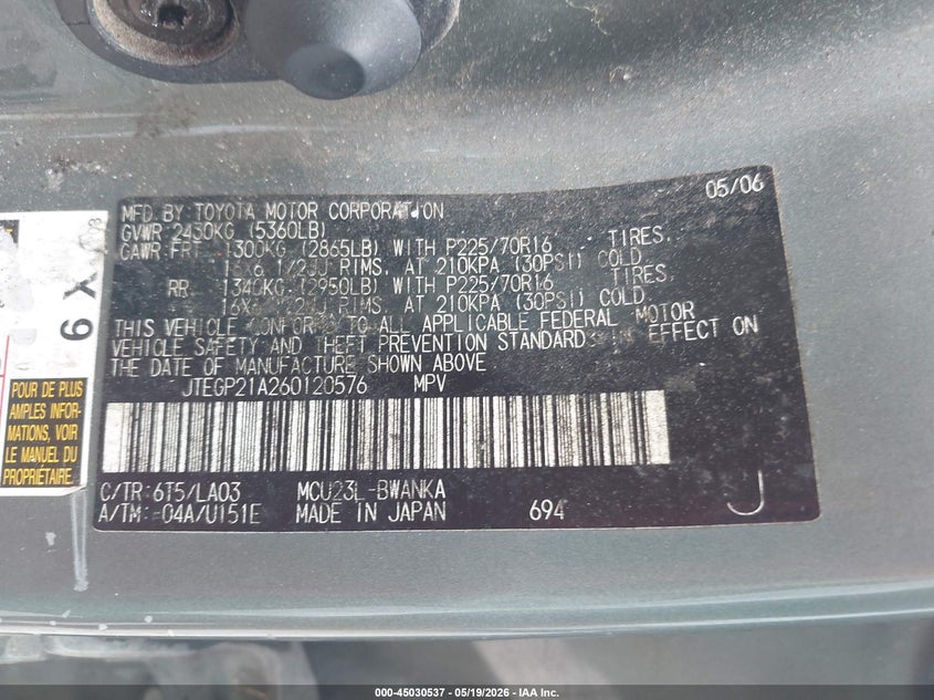 2006 Toyota Highlander V6 VIN: JTEGP21A260120576 Lot: 45030537