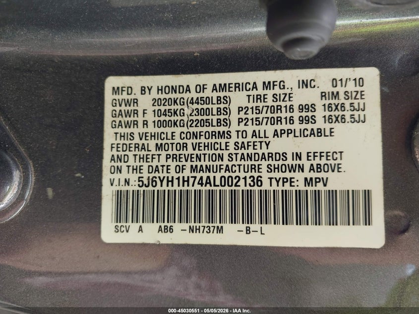 2010 Honda Element Ex VIN: 5J6YH1H74AL002136 Lot: 45030551
