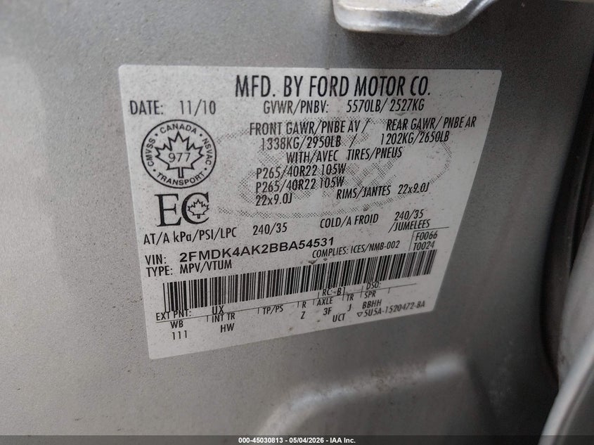 2FMDK4AK2BBA54531 2011 Ford Edge 3.7 Sport Blue