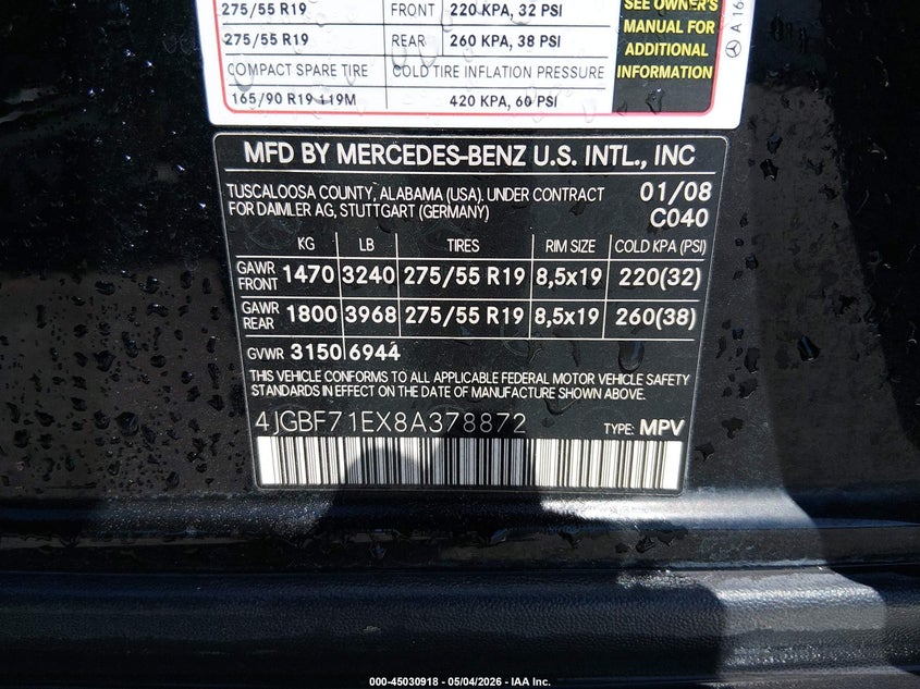 2008 Mercedes-Benz Gl 450 4Matic VIN: 4JGBF71EX8A378872 Lot: 45030918