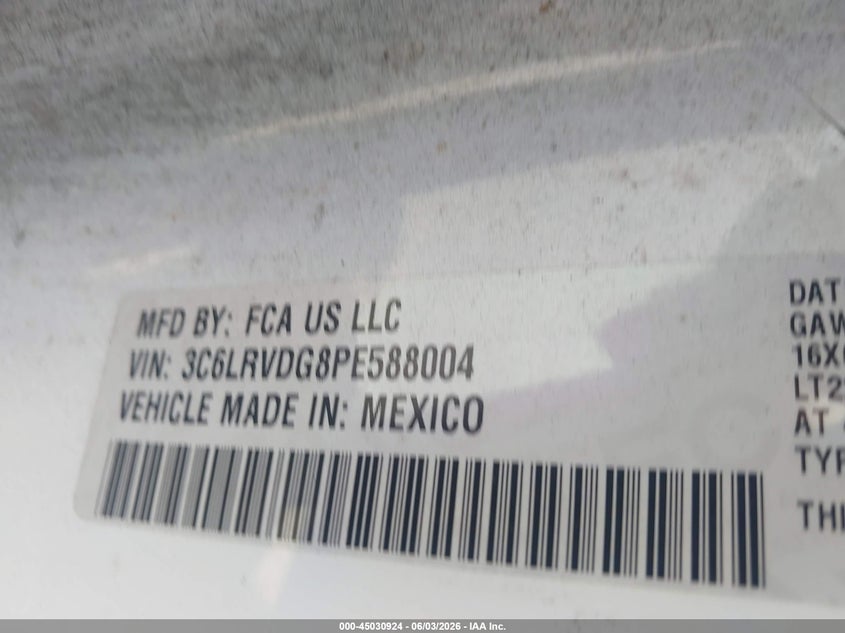 Vin: 3c6lrvdg8pe588004, lot: 45528441, ram promaster 2500 high roof 159 wb 20234