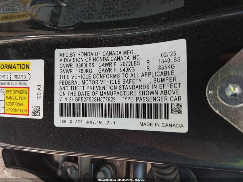 VIN 2HGFE2F52SH577929 2025 HONDA CIVIC SPORT