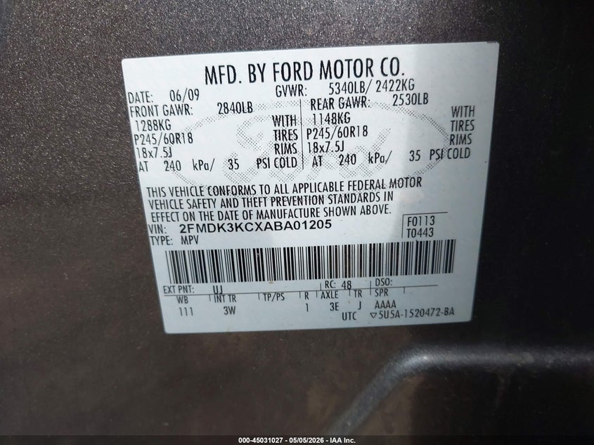 2010 Ford Edge 3.5 Limited grey Lot 111045031027 Vin 2FMDK3KCXABA01205