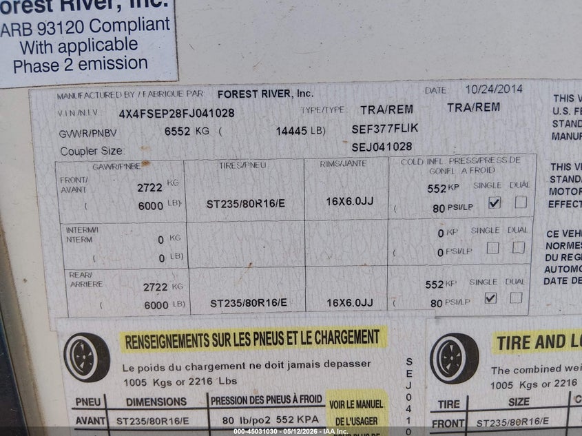 2015 OTHER FOREST RIVER SIERRA TRAILER N/A