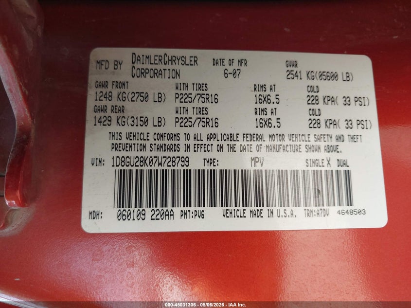 2007 Dodge Nitro Sxt VIN: 1D8GU28K07W728799 Lot: 45031306