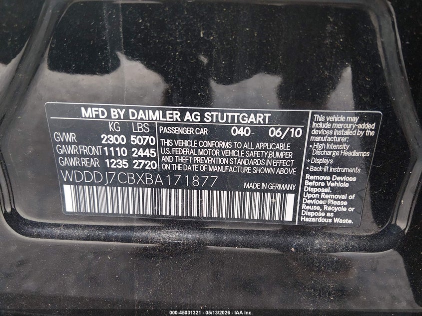2011 Mercedes-Benz Cls 550 VIN: WDDDJ7CBXBA171877 Lot: 45031321