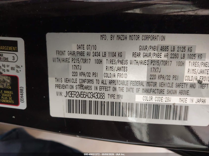 2010 Mazda Cx-7 2.5 Cx-7 I Sport brown Lot 111045031372 Vin JM3ER2W56A0343088