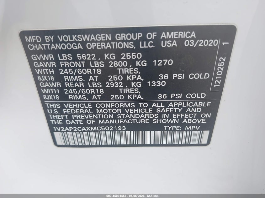 VIN 1V2AP2CAXMC502193 2021 VOLKSWAGEN ATLAS 2.0T S