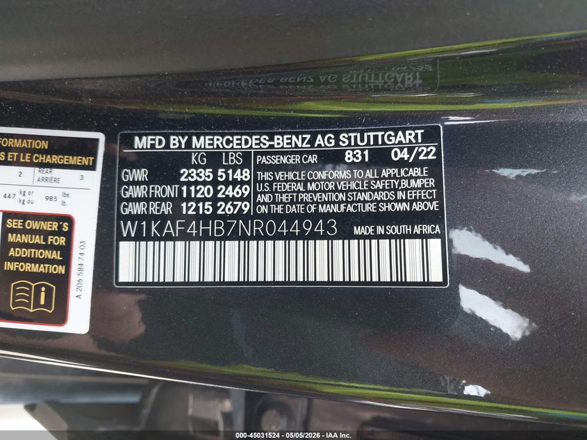 2022 Mercedes-Benz C 300 4Matic VIN: W1KAF4HB7NR044943 Lot: 45031524
