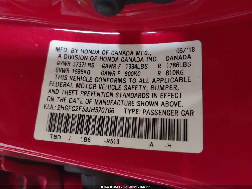 VIN 2HGFC2F53JH570766 2018 HONDA CIVIC LX